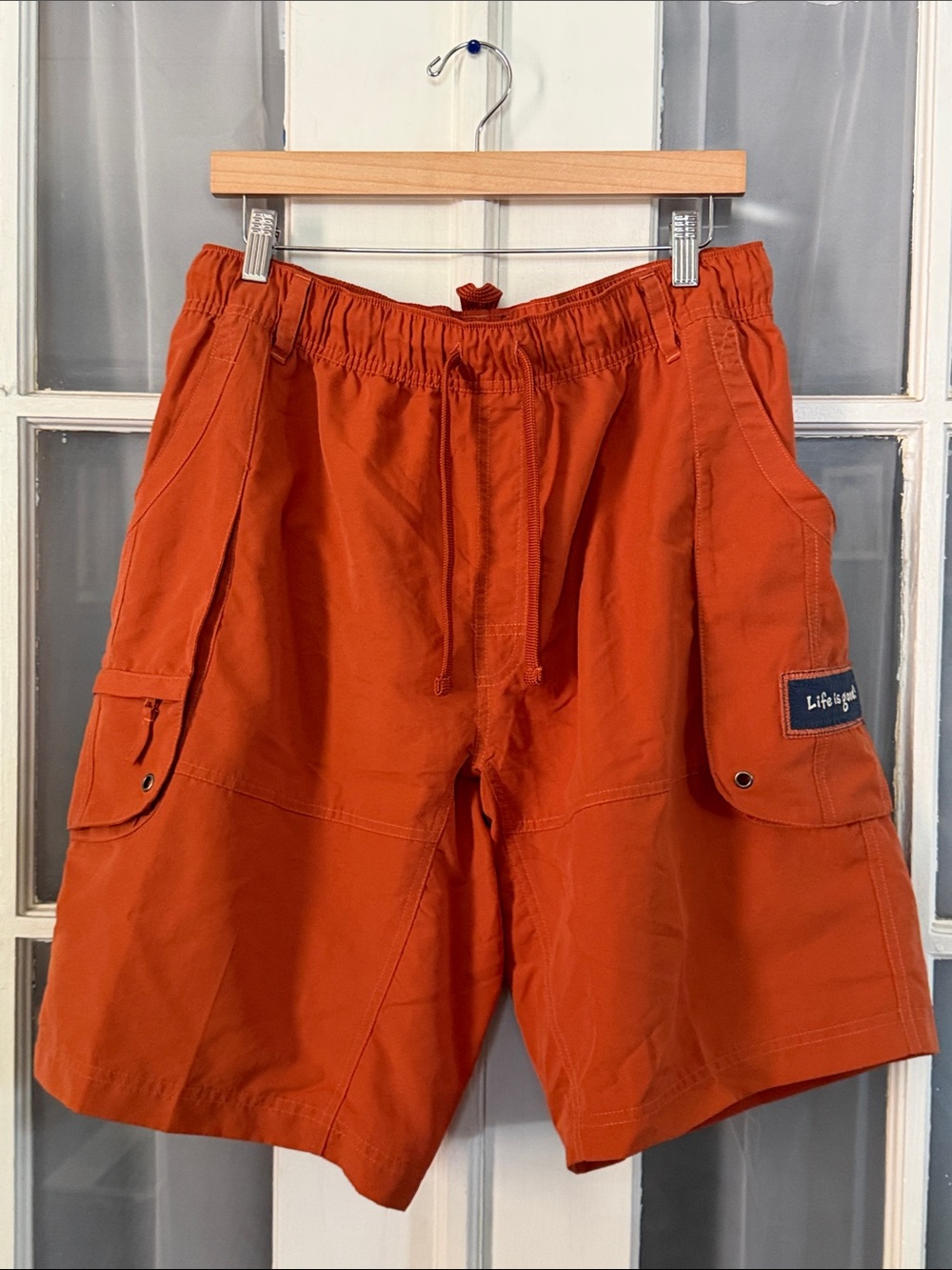 Life Is Good Men’s Bright Orange Cargo Swimsuit Bathing Suit Size Large